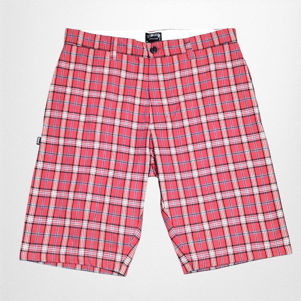 Vintage Stussy‎ Shorts Mens 32 (actual 34) Red Blue Plaid Y2K Skater Streetwear